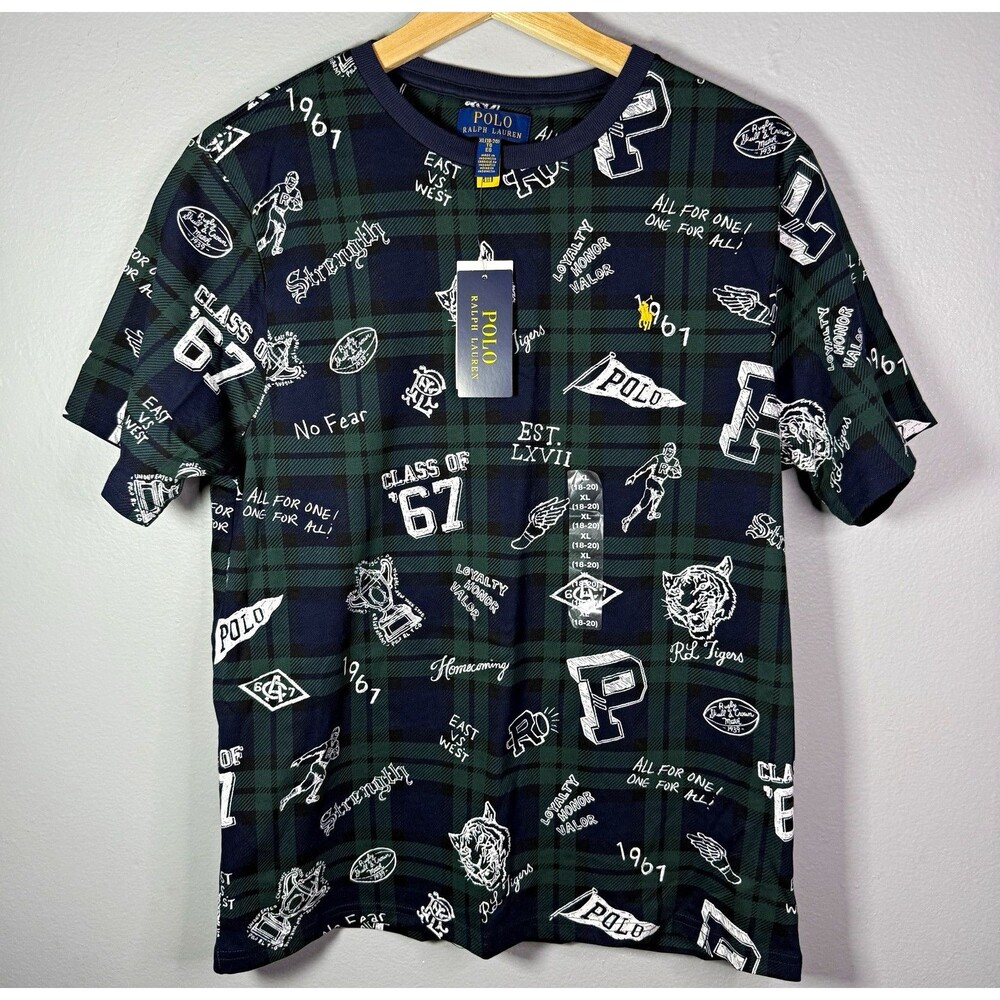 NWT Polo Ralph Lauren Youth XL Tartan Plaid Graphic T-Shirt Rugby Pennant Tiger